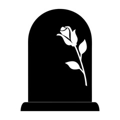 Simple black and white gravestone icon with a rose flower illustration