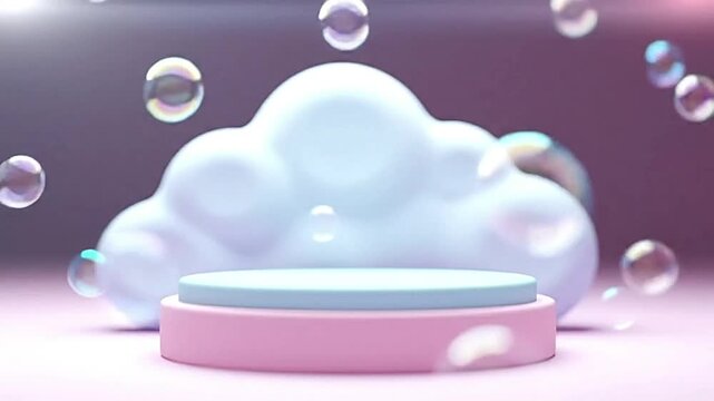 Pastel cloud podium with floating bubbles. Dreamy, playful, ethereal. Perfect for children's content, fantasy, or lighthearted themes
