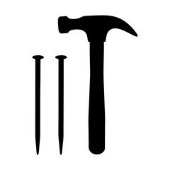 Silhouette of hammer and two nails against a white background, carpentry tools