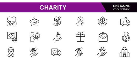 Vector illustration web line icon collection showcasing charity themes, including giving, helping hands, donations, support, community aid, and humanitarian assistance symbols.
