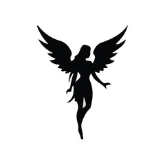 Obraz premium Silhouette of Angel Woman with Wings Flying Gracefully