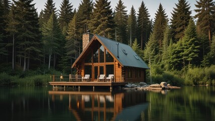Obraz premium Rustic cabin by a tranquil lake