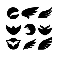 Naklejka premium Wing vector set, Wing Logo Designs. Various artistic wing illustrations, bird, angel, bat, eagle, and minimalist wing icons for branding, tattoos, emblems