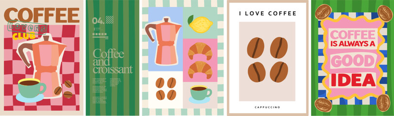 Coffee and cappuccino. Vector illustration of coffee pot, cappuccino or americano cup, croissant pastry, coffee beans, lemon for kitchen or cafe art poster, postage stamp, background or postcard