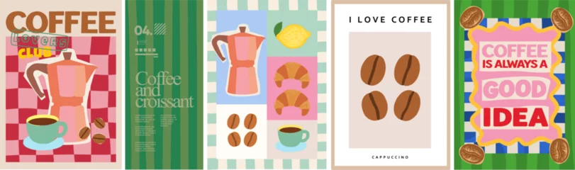 Fototapete Coffee and cappuccino. Vector illustration of coffee pot, cappuccino or americano cup, croissant pastry, coffee beans, lemon for kitchen or cafe art poster, postage stamp, background or postcard © Ardea-studio