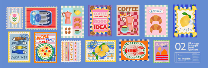 Italian and French summer Mediterranean postage stamps. Vector illustration of coffee, coffee pot, canned sardine, croissant, lobster, fish, lemon, pasta, flower, pattern for icons, poster and sticker