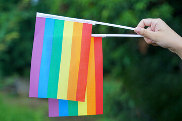 Asian woman holds a rainbow flag on a green background of trees on her wrist, wearing a black wristband printed with the message PRIDE and a rainbow wristband. Symbol of lgbt pride.