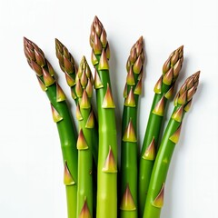 Asparagus on white background. Close up. Fresh and delicious. Class 1. High quality. Top shelf. Organic. Hand-picked. Quality tested. Generative AI.