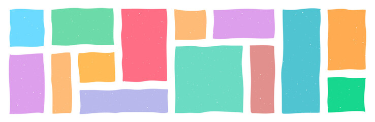 Doodle hand drawn frames with grain texture, colorful drawn squares with wavy rough edges, wavy irregular rectangles, different boxes