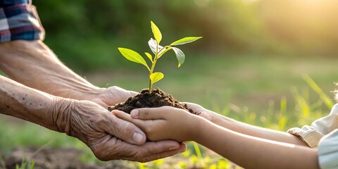 Planting tree sapling with hands for earth day environmental care