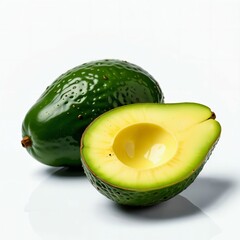 An avocado on white background. Close up. Fresh and delicious. Class 1. High quality. Top shelf. Organic. Hand-picked. Quality tested. Generative AI.