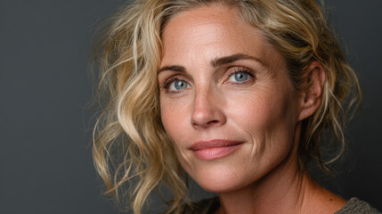 A professional headshot capturing a confident middle-aged woman with a calm, direct gaze and a subtle smile. Generative AI