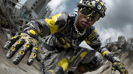 Obraz premium Un joven atleta futurista se abre paso a través de un paisaje urbano devastado.