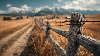 A striking close-up of a weathered wooden fence post wrapped in barbed wire, set against a sweeping, sunlit farmland backdrop. Generative AI