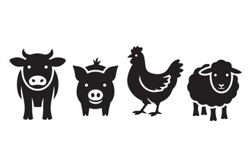 Cute cartoon farm animal vector set illustration with cow, chicken, pig, horse, cat, dog, duck, and sheep characters