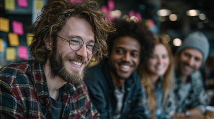 A group of young, diverse creative professionals collaborate energetically in a colorful startup office. Generative AI