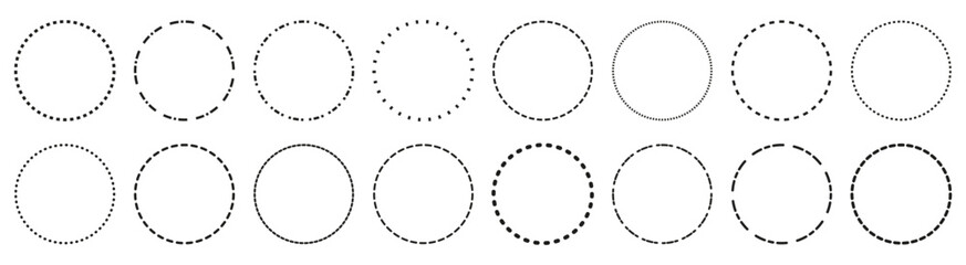 Round dotted circle set, dotted line circle frame, circle shapes with and dots and dashed lines