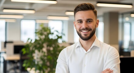 An attractive businessman smiles confidently against a professional office backdrop, conveying competence and approachability, exuding a warm, engaging demeanor.