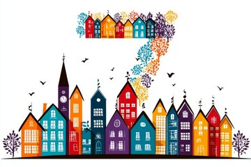 Fototapeta premium Colorful Town Number Seven - A whimsical illustration of a town shaped like the number seven, symbolizing creativity, community, vibrancy, growth, and playfulness