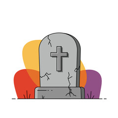 Engraved tombstone with cross and cracked edges, Halloween graveyard icon
