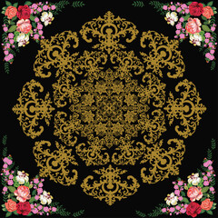 design with red and pink roses in each coner on black