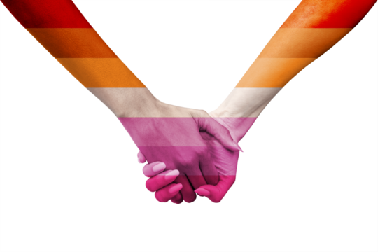 Closeup of women couple holding painted hands with the lesbian flag. Symbol of LGBTQ pride, love, diversity, inclusion, equality, and human rights. Isolated on white background