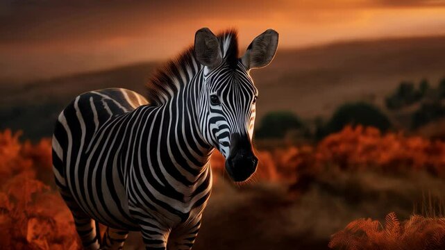 Striking zebra portrait in warm sunset light amidst arid landscape with black and white stripes, wildlife and nature theme, outdoor setting and artistic vibe