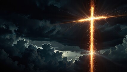 Towering Dynamic Fiery Cross on Dark Stormy Sky Background for Text Overlay

