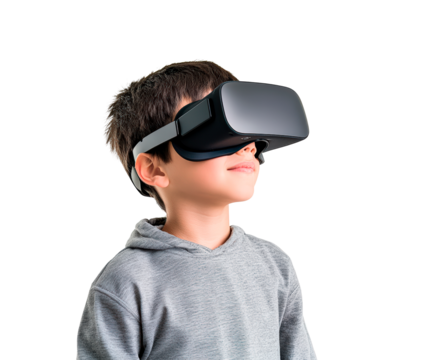 Young child explores virtual reality through immersive headset on transparent background, PNG