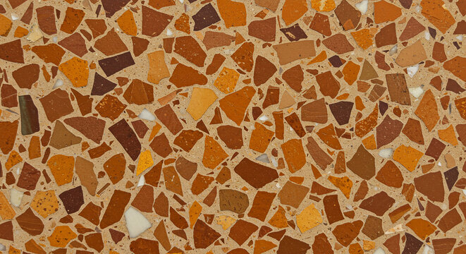 Terrazzo flooring texture brown orange beige stone pattern seamless surface design material background 100char
