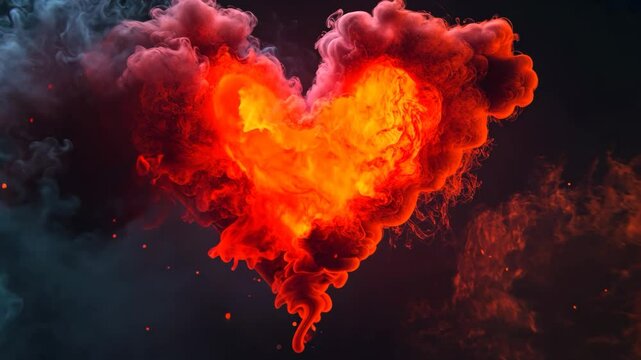 Fiery heart in burning red and orange flames, a symbol of intense love and energy