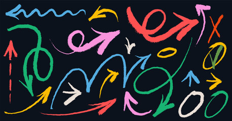 Set of colored chalk arrows. Grunge hand drawn charcoal symbols for hand drawn diagrams. Freehand different curved arrows, swirls, crosses, check marks. Template vector doodle marker drawing.