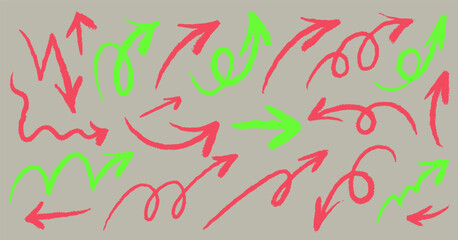 Set of red and green chalk arrows. Hand drawn charcoal symbols for hand drawn diagrams. Freehand different curved arrows, swirls, crosses, check marks. Template vector doodle marker drawing.