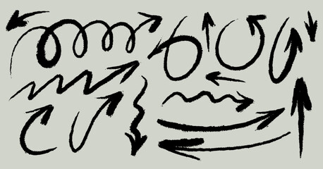 Set of black  chalked arrows. Hand drawn charcoal symbols for hand drawn diagrams. Freehand different curved arrows, swirls, crosses, check marks. Template vector doodle marker drawing.