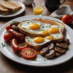 "A classic English breakfast with sunny-side-up eggs, grilled tomatoes, baked beans, sausages, mushrooms, and toast, served on a large white plate."