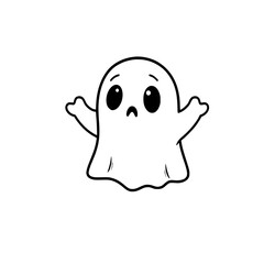 Sad Ghost Boo: A cute line art illustration of a worried ghost with big eyes, small arms outstretched, in a simple monochrome style.