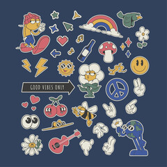 retro cartoon stickers, groovy style illustration, vector
