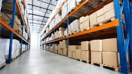 Extensive Warehouse Inventory Rows of Cardboard Boxes - Organized warehouse, rows of stacked cardboard boxes, efficient storage, logistics, distribution center. Symbolizing: order, efficiency