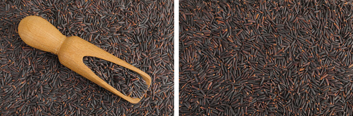 Black rice in a wooden scoop as a background. Top view. Flat lay