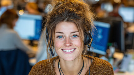 A friendly young female customer service agent wearing a headset smiles warmly at the camera. Generative AI