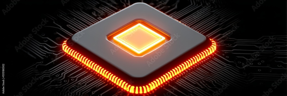 Poster high performance computer chip - close-up of a glowing computer processor on a circuit board, showca