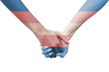 Closeup of women couple holding painted hands with the transgender flag. Symbol of LGBTQ pride, love, diversity, inclusion, equality, and human rights. Isolated on white background