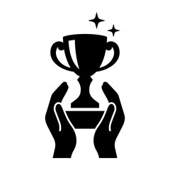 Trophy icon. Gold cup trophy in hands. Achievement. Victory. Vector icon isolated on white background.