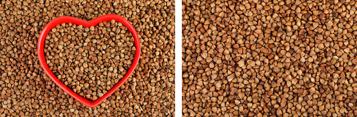 Raw buckwheat in ceramic bowl as a background. Top view. Flat lay