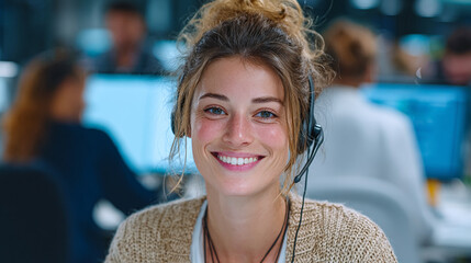 A friendly young female customer service agent wearing a headset smiles warmly at the camera. Generative AI