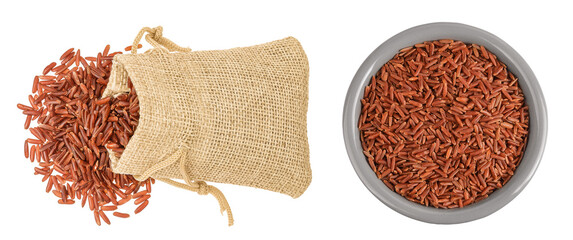 red rice in a bag isolated on white background. Top view. Flat lay