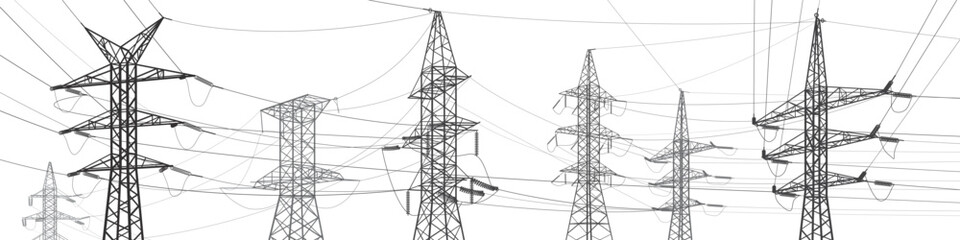 High voltage transmission systems. Electric pole. Power lines. Energy pylons. Black outlines image. A network of interconnected electrical. Vector design illustration