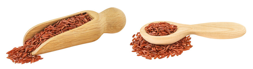 red rice in a wooden scoop isolated on white background