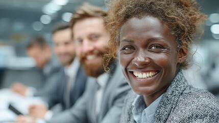 A diverse group of professional businesspeople in formal attire gather around a sleek conference table, actively engaged in a productive meeting. Generative AI