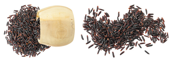 Black wild rice in wooden bowl isolated on white background close up. Top view. Flat lay